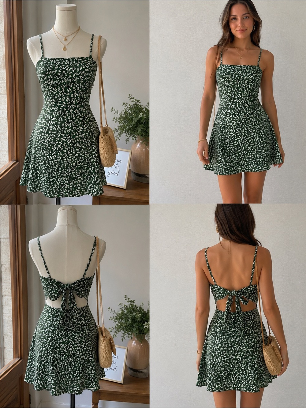 Green Floral Tie-Back Sundress - Sleeveless Square Neck